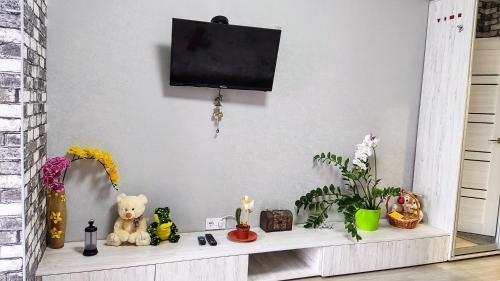 哈尔科夫Миниотель в Харькове, ЮЖД的一个带玩具的架子和墙上的电视