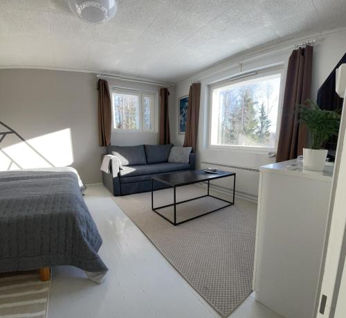埃斯波Lake view apartment, Espoo的一间卧室配有一张床、一张沙发和一张桌子