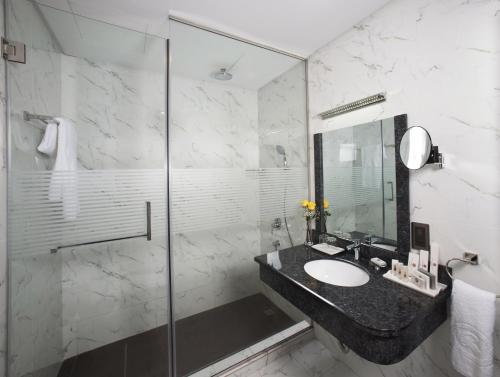 麦纳麦拉米玫瑰酒店的一间带水槽和淋浴的浴室