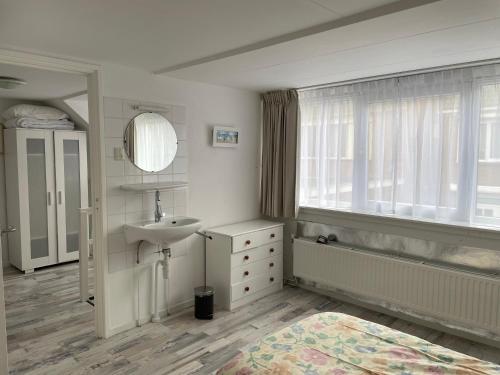 海边的艾格蒙特De Linden的一间带水槽和浴缸的浴室以及窗户。