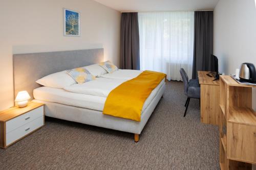 普热罗夫FIT酒店的配有一张床和一张书桌的酒店客房