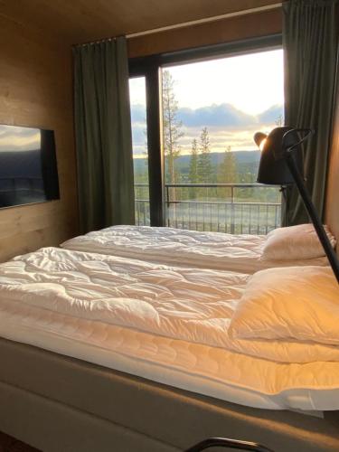 伊德勒Modern villa in North Park Villas, Idre的一间卧室设有一张床和一个美景窗户。