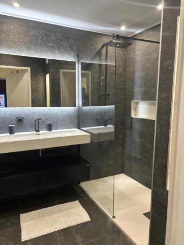维勒班Appartement moderne的一间带两个水槽和玻璃淋浴间的浴室