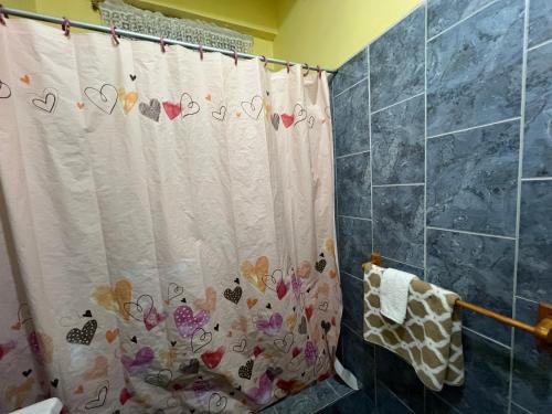 DunfermlineEstuary Apartments 2B的浴室设有淋浴帘和心帘