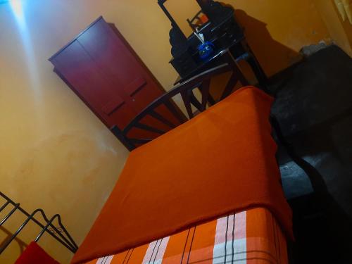 巴杜勒Hill House Haldummulla的一间设有床、橙色毯子和门的房间