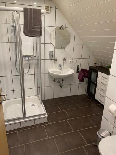 赫费尔霍夫Ferienwohnung Meiwes的带淋浴和盥洗盆的浴室