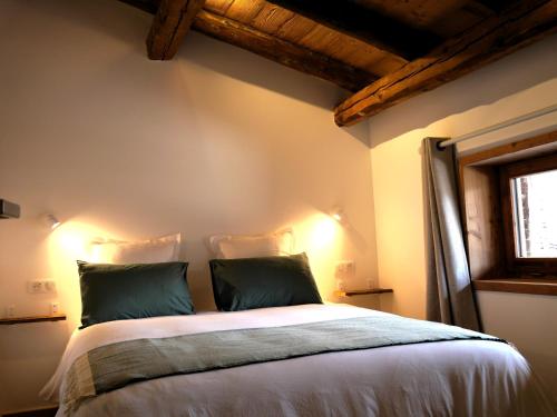欧特吕斯La ferme d'Hauteluce - Chalets的一间卧室配有一张大床和两个绿色枕头