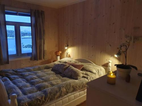 TranøyaDrømmehytta på Senja的一间卧室设有一张大床和窗户