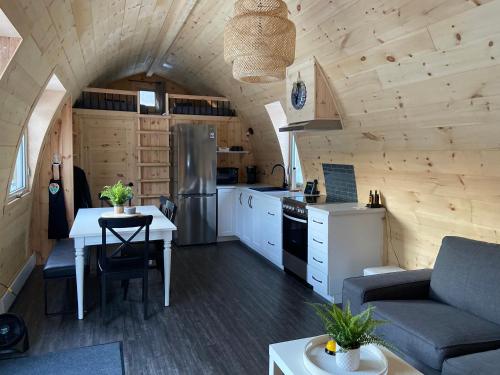 圣亚历克西德蒙Le POD'Stress / Nature et tranquilité的一间厨房和客厅,位于一个小房子里