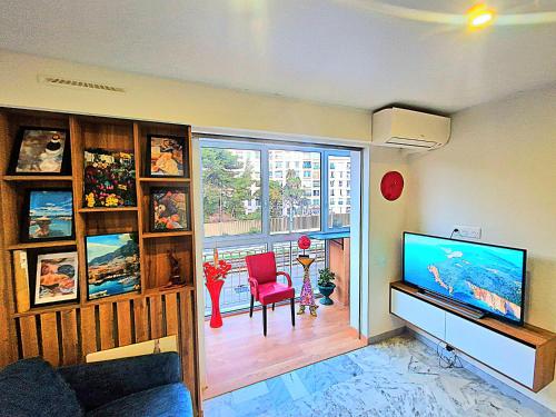尼斯Côte d'Azur Oasis Suites的一间带电视和窗户的客厅