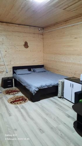 ArmenişCabana Larisa的木制客房内的一间卧室配有两张床