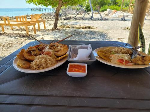 Tintipan IslandHostel villa luz Beach的海滩餐桌上的两盘食物