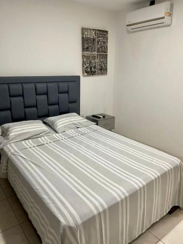 库库塔Hermosa casa的一间卧室配有一张带条纹毯子的大床