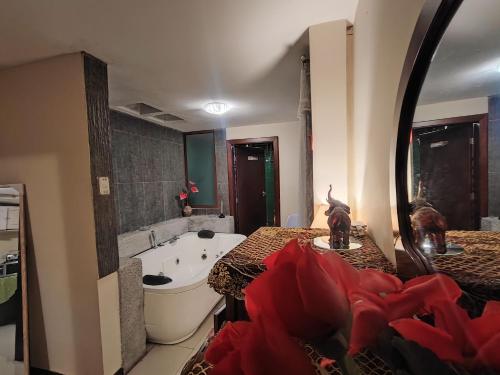 巴尼奥斯TURI Suite con Jacuzzi, centro de la ciudad的一间带浴缸和大镜子的浴室