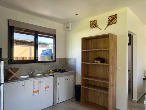 阿瓦托鲁Bungalow Kahaia Lodge的厨房配有柜台、水槽和窗户