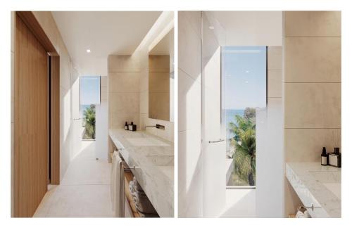 BambooSilversands Beach House Grenada的浴室设有水槽和窗户,两幅图片