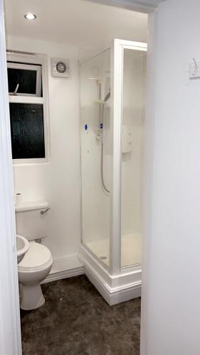 伦敦Sunrise Retreat的带淋浴和卫生间的白色浴室