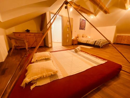 达那撒扎乌Pyramida & Sauna Relax Guest House的一间铺有红色地毯的客厅和一个阁楼