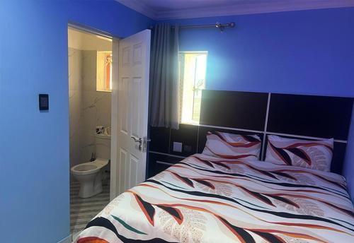 肯普顿帕克Goldwel Lodge的一间蓝色的卧室,配有一张床和一间浴室