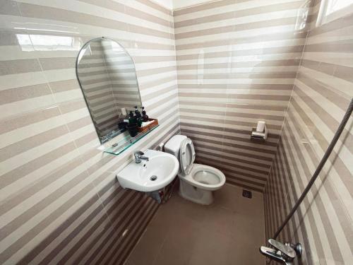 大叻Thiên Vương House Đà Lạt的一间带水槽、卫生间和镜子的浴室