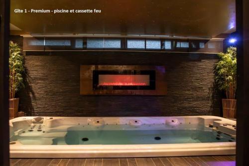 斯普里蒙Suite Wellness的带壁炉的客房内设有浴缸。