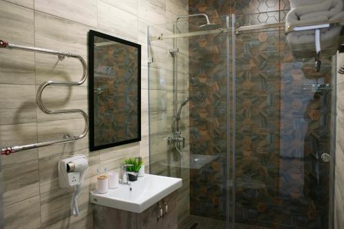 阿克套Tengri Hotel的浴室配有盥洗盆和带镜子的淋浴