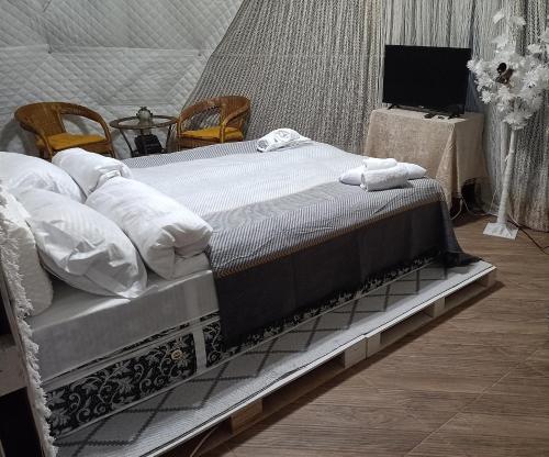 第比利斯Ze Oni Glamping的一张位于带两把椅子和电视的房间的床位