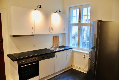 欧登塞Aparthotel Mageløs 12的厨房配有白色橱柜、水槽和冰箱。