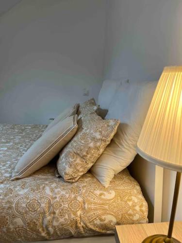 奥尔良Duplex Place du Martroi的灯旁床上的枕头堆