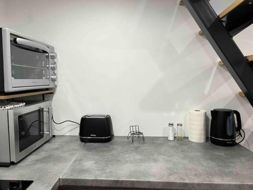 奥尔良Duplex Place du Martroi的一间带微波炉和炉灶的客厅
