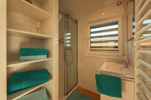 KlittenHausboot Möwenschiss的浴室提供绿色毛巾、水槽和淋浴。