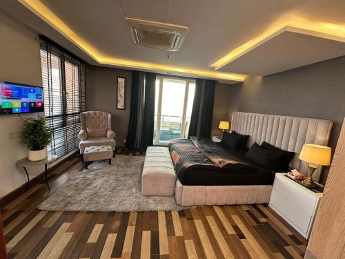 拉合尔Executive Presidential suite的一间卧室配有一张床、一张沙发和一台电视。