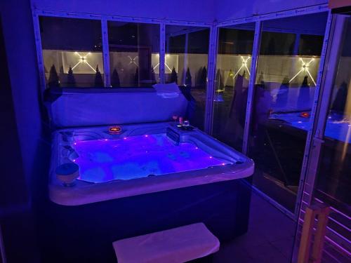 尼什Hedonic Wellness Apartmani的客房内的紫色照明浴缸