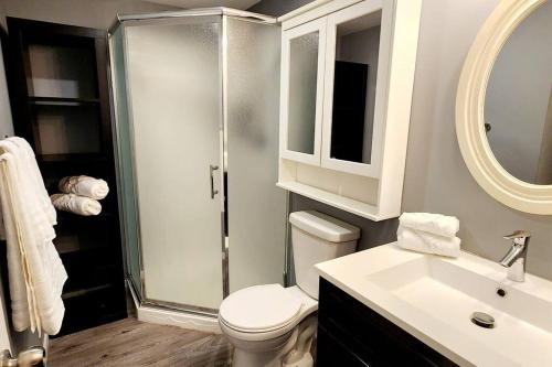 隆格伊Guest Suite in Saint Hubert, bus to REM and Metro的带淋浴、卫生间和盥洗盆的浴室