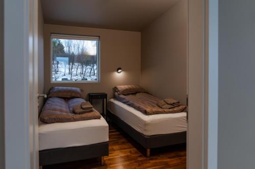 弗吕济Golden Circle Villa - Hot Tub & Sauna的小房间设有两张床和窗户