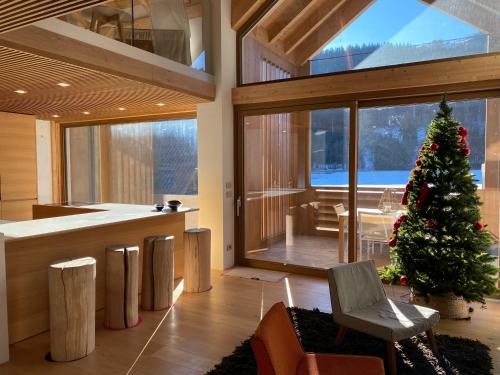坎波罗索因瓦尔坎纳尔Luxury Chalet in the Tarvisio mountains的一间客厅,中央有圣诞树