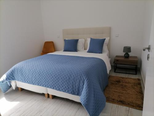 坎普-杜热雷什Casa Fraga do Suadouro的一间卧室配有一张带蓝色枕头的大床