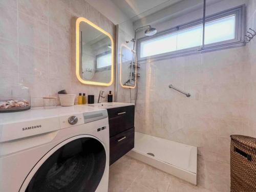 芒通Menton - Vue panoramique exceptionnelle ! 4Pers的一间带洗衣机和水槽的浴室