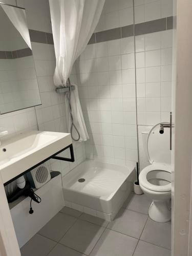 乐巴凯尔斯Studio cabine barcares的白色的浴室设有卫生间和水槽。