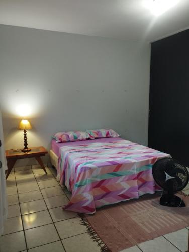隆德里纳Aero Hostel Londrina的一间卧室配有一张床和一张带台灯的桌子