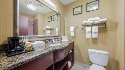 劳顿Comfort Suites Lawton Near Fort Sill的一间带水槽、卫生间和镜子的浴室