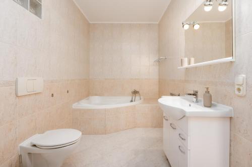 佐洛恰尼Zala Hills Apartman - Batthyány Villapark的浴室配有卫生间、盥洗盆和浴缸。