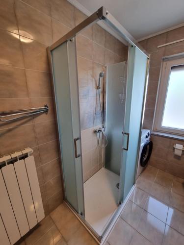 VogrskoPri Stari murvi的浴室里设有玻璃门淋浴