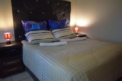 杰米斯顿Apartment in Germiston (Johannesburg)的一间卧室配有一张带紫色和蓝色枕头的床