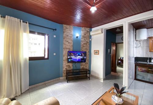 雅温得Double twins Hotel & appartement的客厅设有蓝色的墙壁和电视。