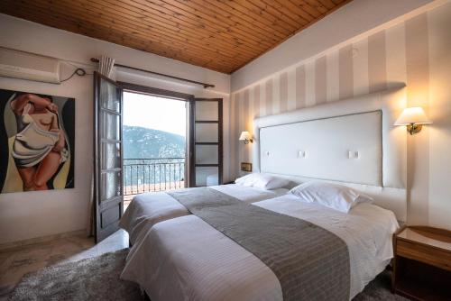 特尔斐克鲁罗斯酒店的一间卧室设有一张大床和一个大窗户