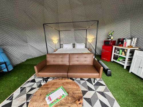 DunlapGlamping Dome 1 - 10 minutes from Kings Canyon的帐篷内的房间,配有一张床和一张沙发