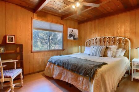 奥克赫斯特Red Door Cottage Fireplace bbq 12 mi to Yosemite的一间卧室设有一张床、一个窗口和风扇
