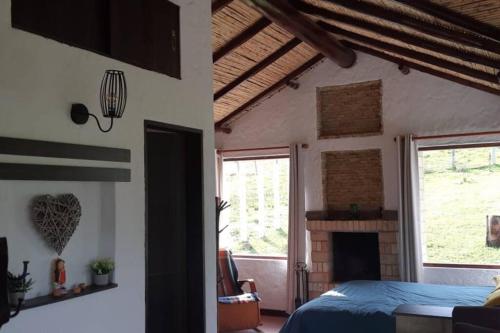 派帕Linda mini casa campestre con Jacuzzi, chimenea...的一间卧室配有一张床和一个壁炉