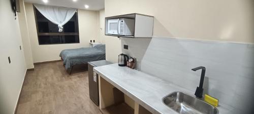 苏克雷mono ambiente independiente (5)的一个带水槽的厨房和一张位于客房内的床